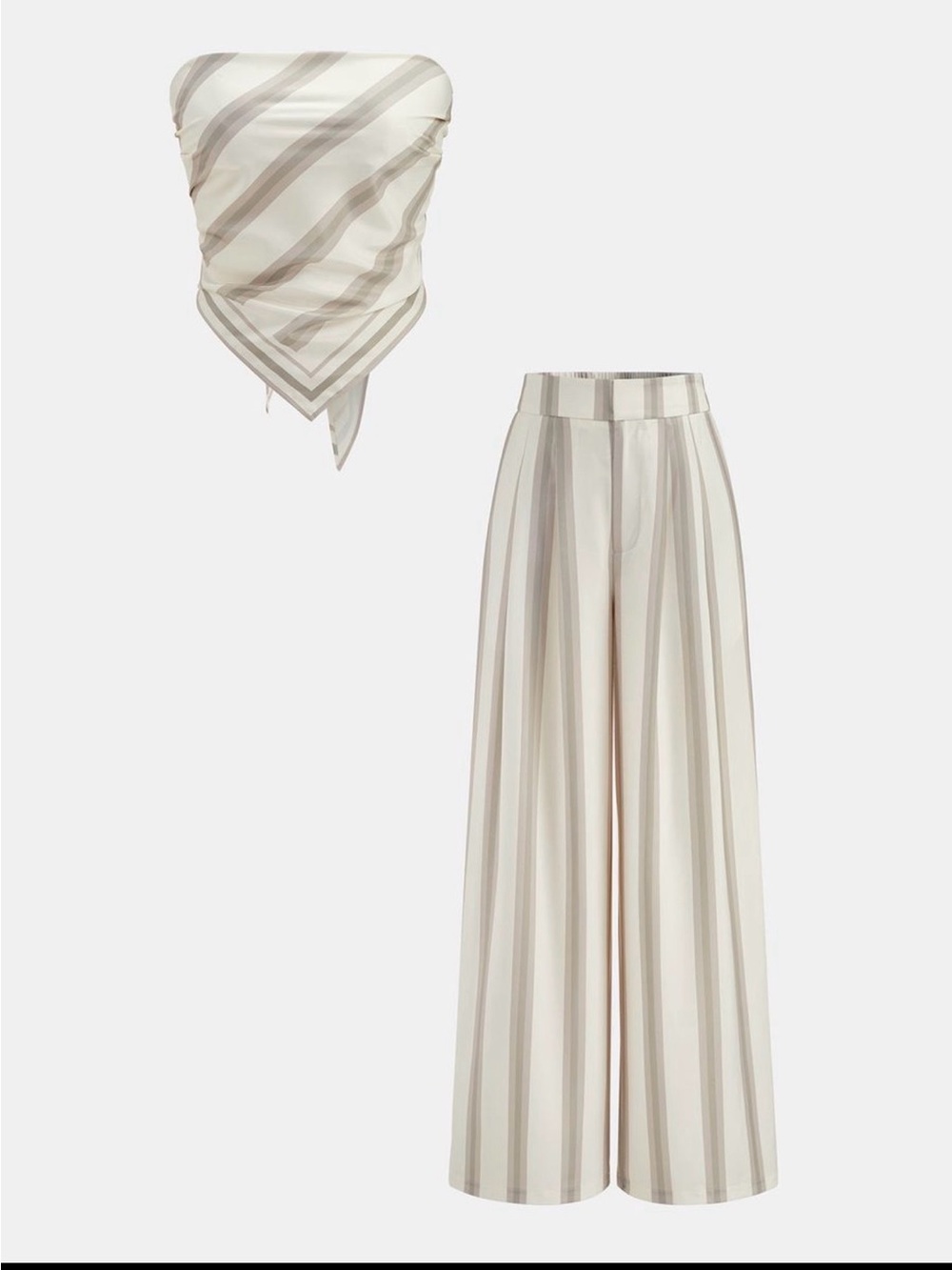 Strapless Wide-Leg Stripe 2 Piece Set in Neutral Cream Taupe - Picture 3 of 11